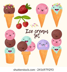 Big set of funny smiling ice cream cartoon character. Sweet kawaii summer print for kids designs
