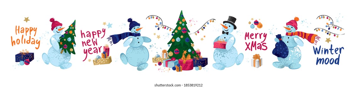 Big set of funny snowmen in hats, scarves with gifts. New year tree and elements for greeting cards, posters for winter holidays. Christmas lettering isolated on white. Cartoon vector illustration.