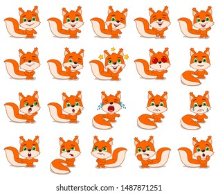 Big set of funny squirrel in cartoon style in different standing poses and emotions isolated on white background