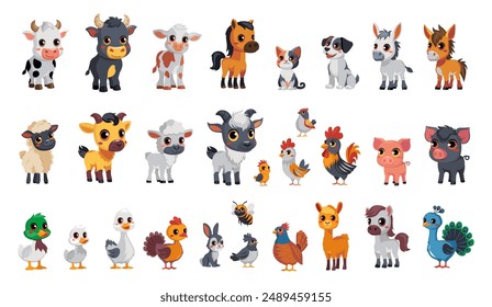 Big set funny vector Illustrations of farmyard animals for kids, posters, logo