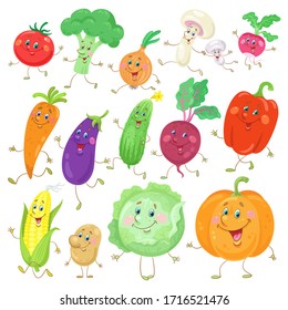 Un gran conjunto de verduras divertidas. Al estilo de las caricaturas. Aislado sobre fondo blanco. Ilustración plana vectorial.
