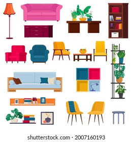Big set of furniture and home decoration. Modern items for a living room or office interior. Vector illustration in flat style on white