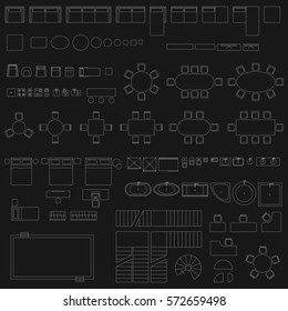 Big set of furniture symbols in top view.