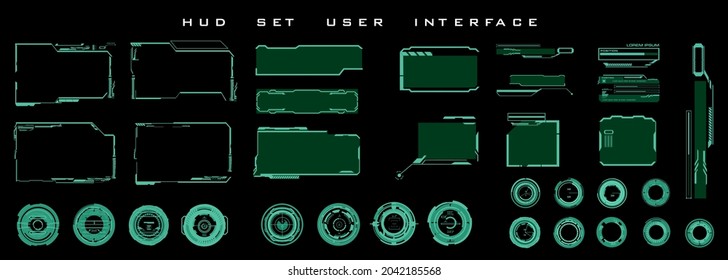 Big Set futuristische HUD Elemente, UI UX für HUD Benutzeroberfläche. Elemente für die Benutzeroberfläche HUD. Kreise, Kalorien, Titel, Rahmen, Zeiger, Ziele, Informationen und Dialogfelder