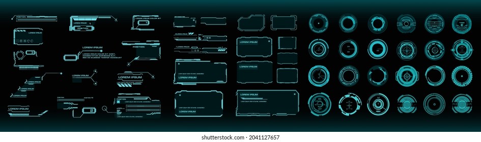 Big set futuristic HUD, UI UX elements for HUD user interface. Circles, callouts, titles, frames, pointers, targets, info and dialog boxes. Elements for game design in the style of HUD