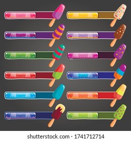 Big set game resource bar with cartoon ice-craem. Game interface elements. Game resource bar. Vector illustration