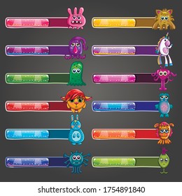 Big Set Spiel Ressourcen Bar mit Cartoon mythischen Tieren. Game-Interface-Elemente. Spielressource-Leiste. Vektorgrafik