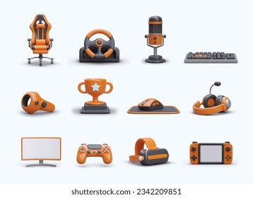 Big set of gamer 3D icons. Cybersport. Detailed isolated vector images in cartoon style. Chair, headphones, microphone, steering wheel, monitor, mouse. Accessories for VR. Controllers and gamepads