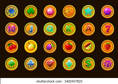 Big set gaming icons on golden coins for slot machines or casino. Game casino, slot, UI. Vector icons on separate layers.