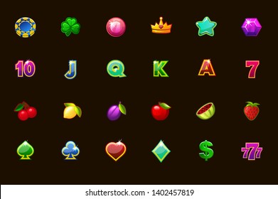 Big set gaming icons for slot machines or casino in different colors. Game casino, slot, UI. Vector icons on separate layers.