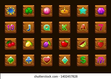 Big set gaming icons for slot machines or casino on wooden square. Game casino, slot, UI. Vector icons on separate layers.