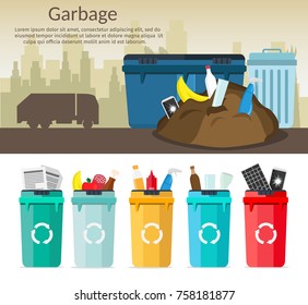 Big Set Of Garbage Sorting Bins Infographic Recycling Concept Ship The Trash Ecology City Flat Background