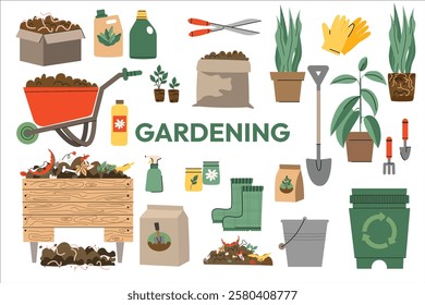  Big set of garden elements and tools. gardening tools and plants in pots on white background. Bundle of equipment for home plants repotting. Garden tools, bag of compost, ground, food garbage