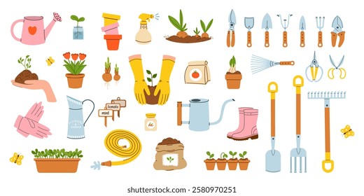 Big set of garden equipment elements.Vector illustration of gardening elements: rubber boots, hose, plants, watering can, pot, grass, garden gloves, shovel, seeds.Gardening, agriculture and eco-friend