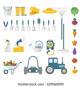 Big set of garden equipment. Flat vector cartoon illustration. Objects isolated on a white background.