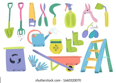 Big set of garden tools. Flat vector illustration on white background.
