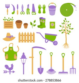 big set of garden tools icons on isolated background