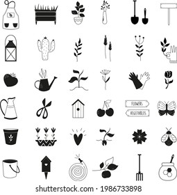 Big set of gardening icons. Vector collection, bundle of flower pots, plants, tools, vegetables.