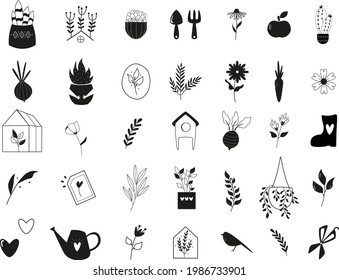 Big set of gardening icons. Vector collection, bundle of flower pots, plants, tools, vegetables.