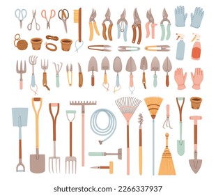 Big set of gardening items in hand drawn style. Agricultural and garden tools for spring work. Vector isolated on white