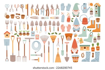 Big set of gardening items in hand drawn style. Agricultural and garden tools for spring work. Vector isolated on white