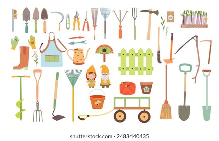 Big set of gardening items in hand drawn style. Agricultural and garden tools for spring work. Vector isolated on white