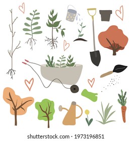 Big set with gardening tools. Collection with wheelbarrow, shovel, watering can, seedling, trees and other. Vector elements in flat cartoon style. Cute hand drawing illustration for your design