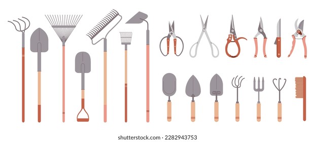 Big set gardening tools for farmer garden household. Agriculture tools drawn in flat cartoon style isolated on white background.