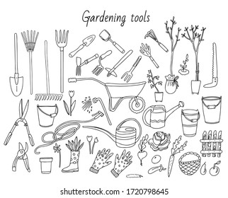 Big set with gardening tools. Watering can, hoe, bucket, hose, pitchfork, shovel, wheelbarrow, trowel, pruner, seedling tree, garden fork, rake, fence. Vector doodle illustration isolated on white.