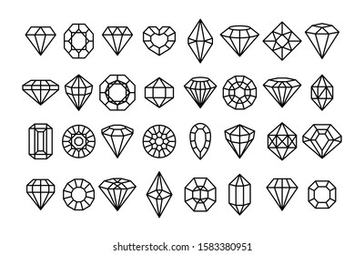 Big set of Gemstone icons in a linear minimal style. Vector diamonds and gems linear logo design elements. Line with Editable stroke