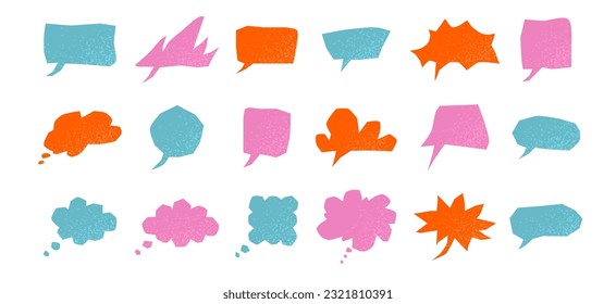 Big set of geometric bubbles for dialogue and reflection. Speech bubble, chat window, dialogue, message. Textured geometric shape in cutout style. Vector illustration isolated on white background. 