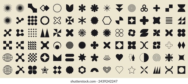 Big set of geometric elements for design. Trendy abstract minimalist figures, stars, flowers, circles. Vector illustration