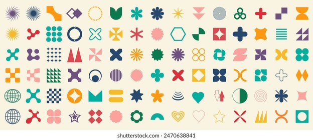 Big set of geometric elements for design. Trendy abstract minimalist figures, stars, flowers, circles. Vector illustration