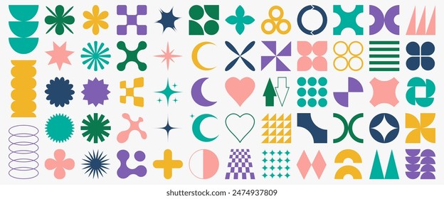 Big set of geometric elements for design. Trendy abstract minimalist figures, stars, flowers, circles. Vector illustration