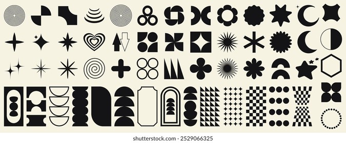 Big set of geometric elements for design. Trendy abstract minimalist figures, stars, flowers, circles. Vector illustration