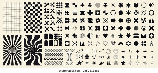 Big set of geometric elements for design. Trendy abstract minimalist figures, stars, flowers, circles. Vector illustration