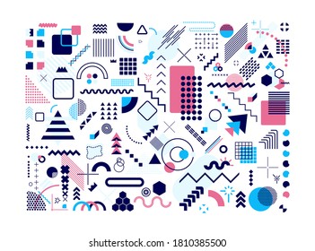 Big set geometric memphis design, minimal seamless texture. Cool futuristic cover modern flat bauhaus. Textile vintage element design, retro memphis. Vector illustration isolated on white background