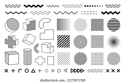 Big set of geometric shapes. Collection memphis design elements. Trendy halftone geometric shapes. Vector abstract elements for web design.