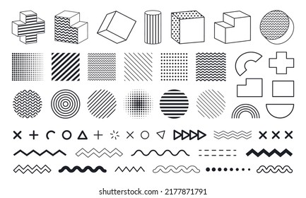Big set of geometric shapes. Collection memphis design elements. Trendy halftone geometric shapes. Vector abstract elements for web design.