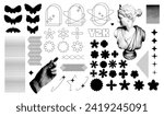 Big set of geometric shapes, frames, hearts, butterflies, flowers, sparkle shapes in a trendy retro style of the 00s with halftone hand and antique statue. Minimalist arched frame with sequins.