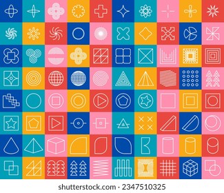 Big set of geometric shapes inspired by different art styles like abstract, brutalist, y2k, swiss, modernist. Unfilled outline shapes in colored squares