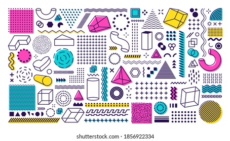 Big set of geometric shapes in Memphis style. Trendy retro elements for use in graphic design. Vector geometric shapes design.