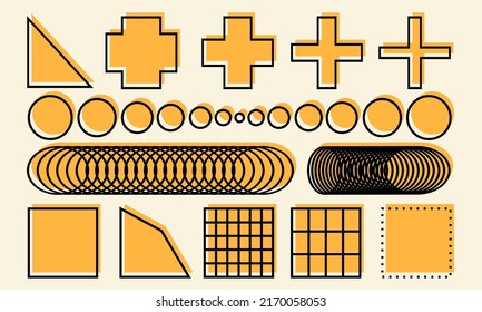 Große Reihe geometrischer Formen. Memphis Design, Retro-Elemente für Web, Vintage, Werbung, Werbebanner, Poster, Flyer, Plakat, Plakat, Verkauf. Kollektion von trendigen, halbtonförmigen, geometrischen Formen.