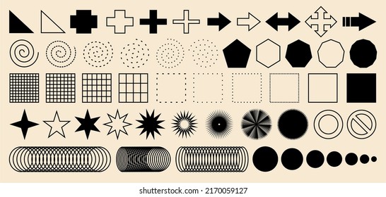 Big set of geometric shapes. Memphis design, retro elements for web, vintage, advertising, commercial banner, poster, flyer, billboard, sale. Collection of trendy halftone vector geometric shapes.