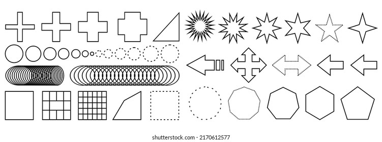 Big set of geometric shapes. Memphis design, retro elements for web, vintage, advertising, commercial banner, poster, flyer, billboard, sale. Collection of trendy halftone vector geometric shapes.