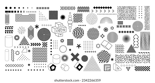 Big Set of Geometric Shapes. Memphis design, retro elements for web, vintage, advertisement, commercial banner, poster, leaflet, billboard, sale. Collection trendy halftone vector geometric shapes