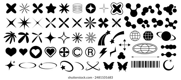 Big set of geometric shapes for Y2K-style design. Collection retro isolated vector symbols and icons for 2000s design.