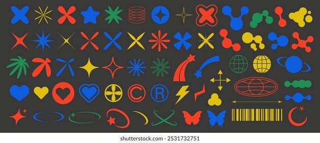 Big set of geometric shapes for Y2K-style design. Collection retro isolated vector symbols and icons for 2000s design.