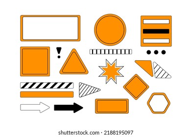Gran conjunto de formas geométricas. Constructor vector plano de señales de advertencia. Diferentes tipos de formas: redondo, cuadrado, triángulo.Colección de elementos abstractos en color brillante. 