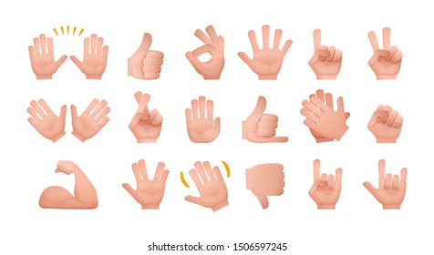 Big set of gestures of human hands, emoji hand sign, signals of people with signs, signs shown by the palm, with different emotions, non-verbal manual communication. Cartoon vector illustration.